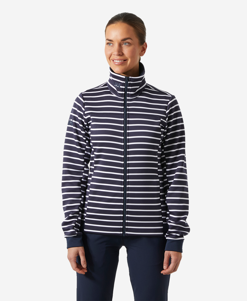 Image of a model wearing Outerwear. Product name - W CREW FLEECE JACKET, Navy stripe in Navy Stripe colour by brand - Helly Hansen