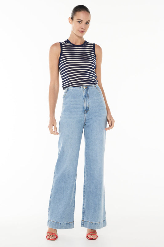 Image of a model wearing Tops. Productname: Breton Stripe Knit Top in NAVY/WHITE colour by brand - Manning Cartell