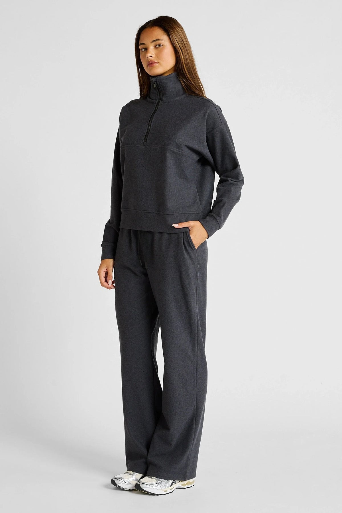 Micro-Rib 1/2 Zip Cropped Sweater (Charcoal)
