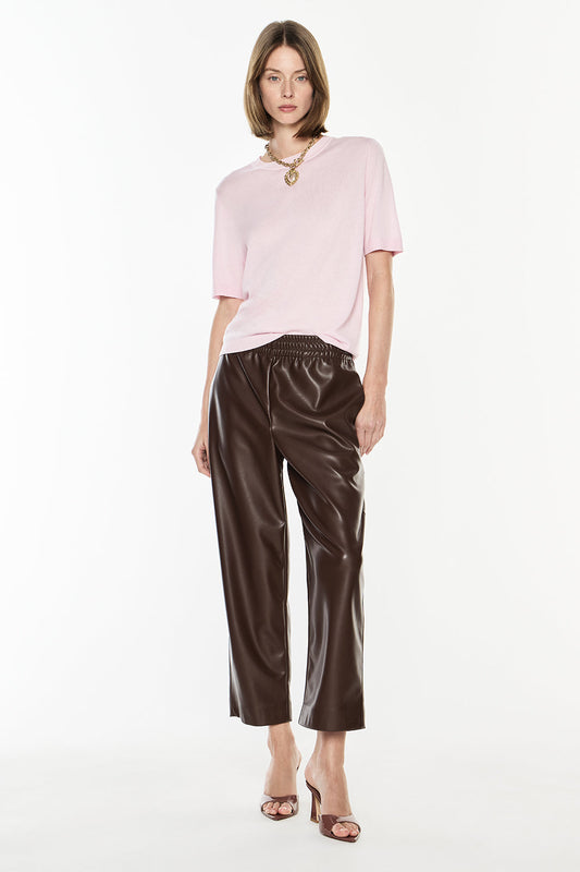 Image of a model wearing Pants. Productname: Music & Lyrics Pull On Pant in Mocha colour by brand - Manning Cartell