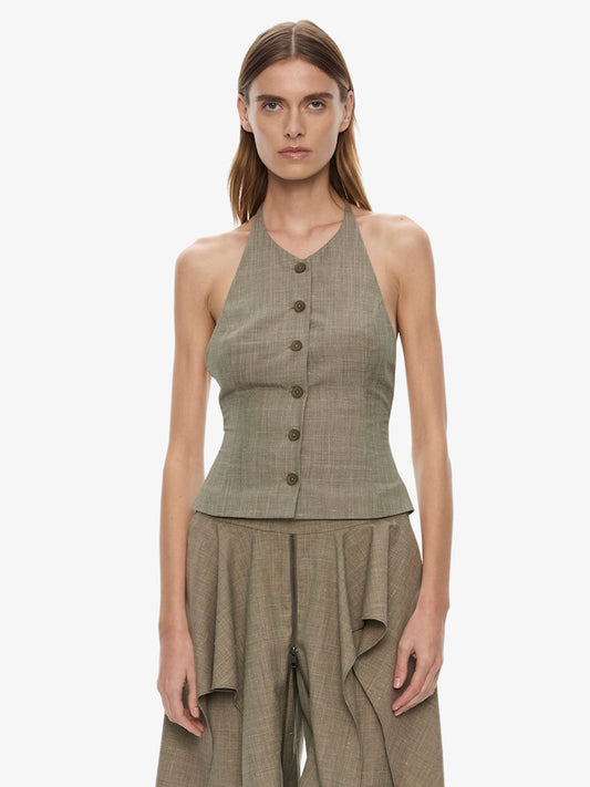Image of Clothing Tops. Product name - Banyan Tailored Backless Vest in Marle colour by brand - CHRISTOPHER ESBER