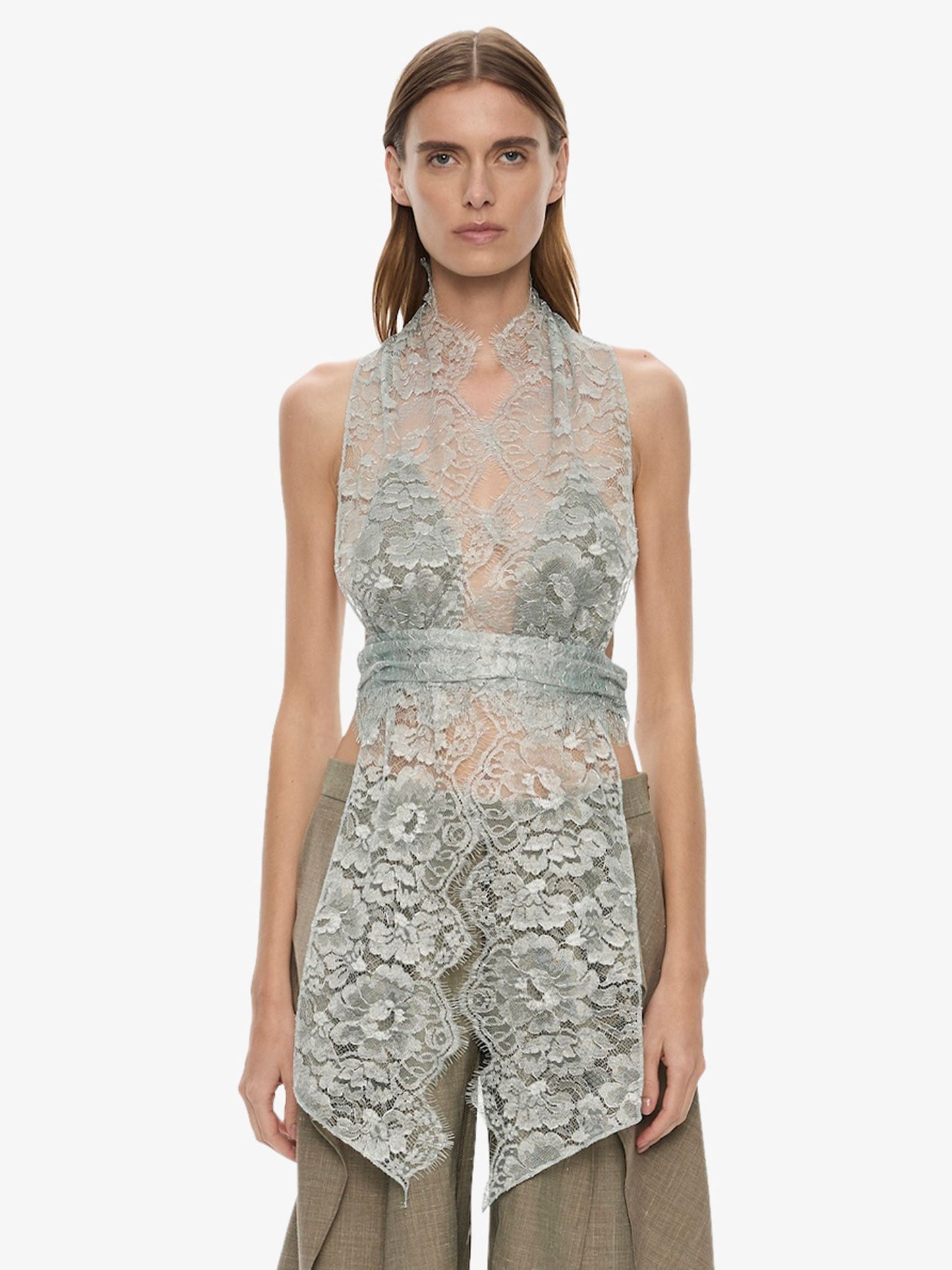 Image of Clothing Tops. Product name - Moonlit Patina Lace Scarf Top in Mist colour by brand - CHRISTOPHER ESBER