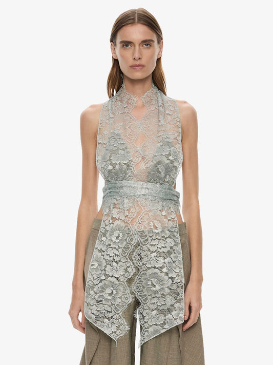 Image of Clothing Tops. Product name - Moonlit Patina Lace Scarf Top in Mist colour by brand - CHRISTOPHER ESBER