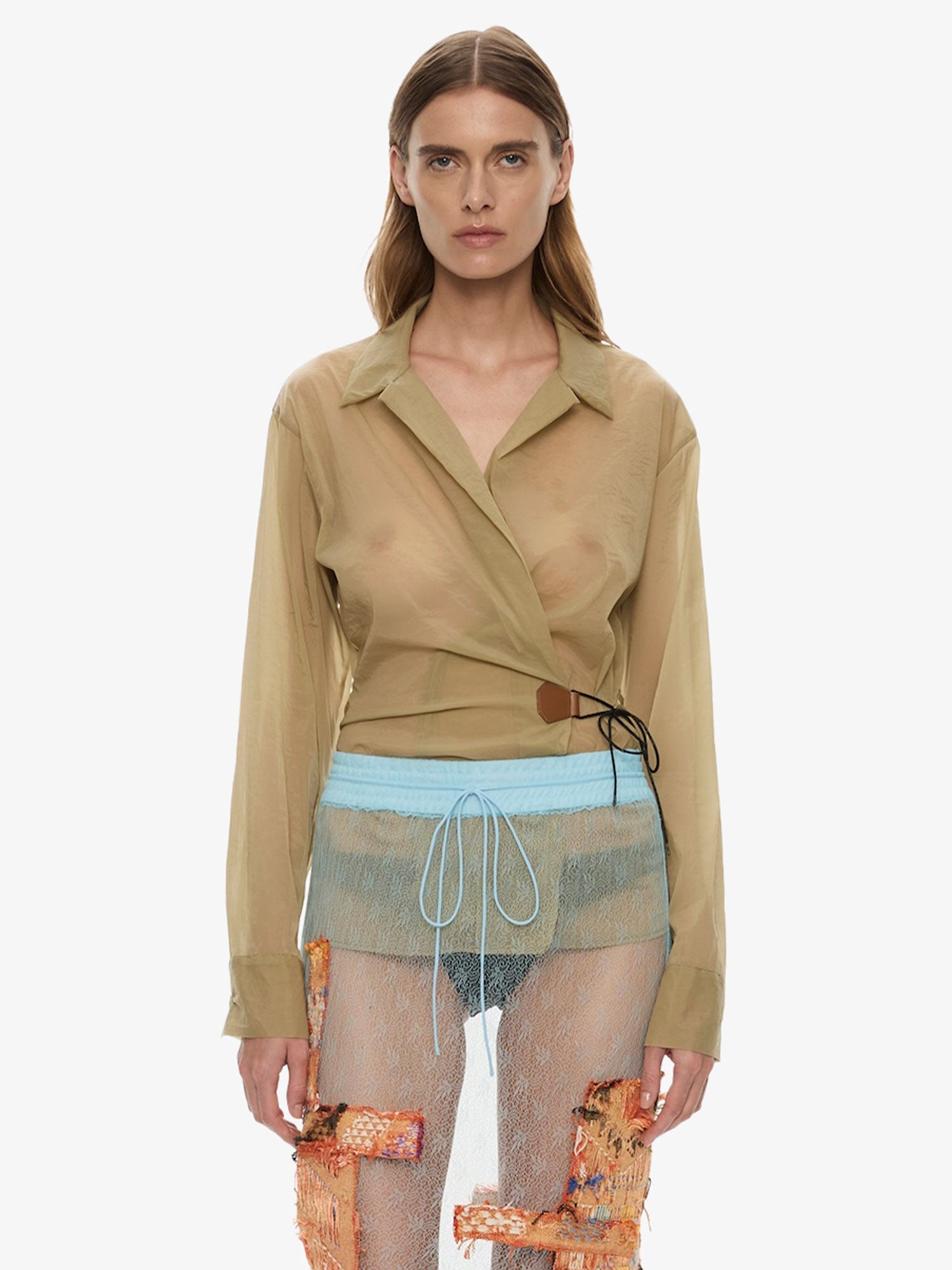 Image of Clothing Tops. Product name - Kirk Mottled Sheer Leather Tie Shirt in Moss colour by brand - CHRISTOPHER ESBER