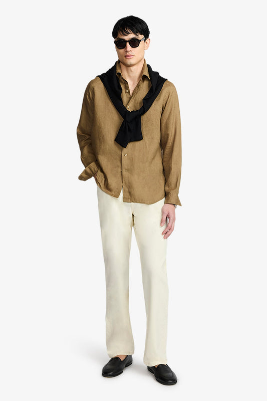 Image of Shirts. Product name - Quy Khaki Linen Shirt in Khaki colour by brand - Anthony Squires