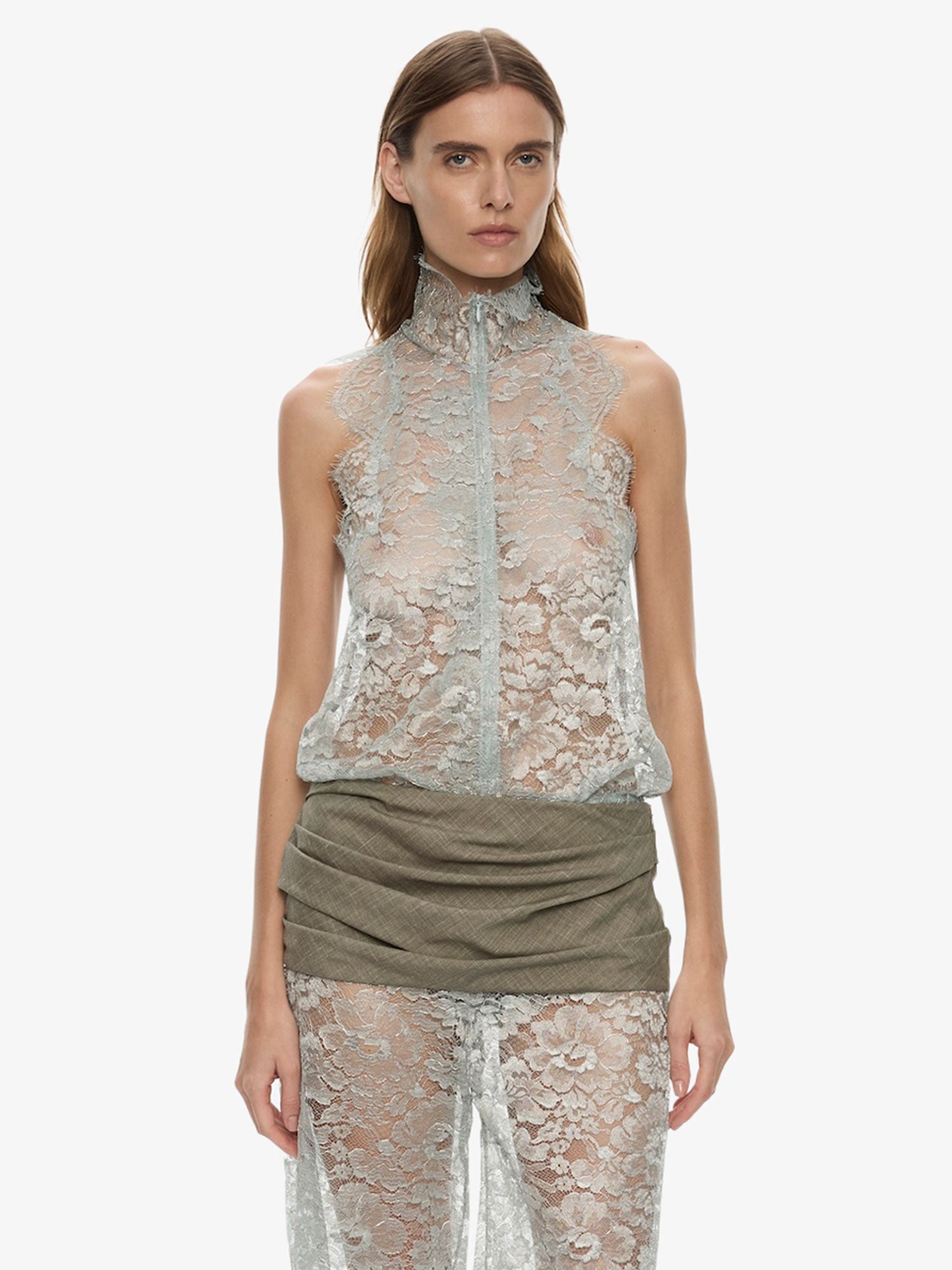Image of Clothing Tops. Product name - Moonlit Patina Lace Zipped One Piece in Mist colour by brand - CHRISTOPHER ESBER