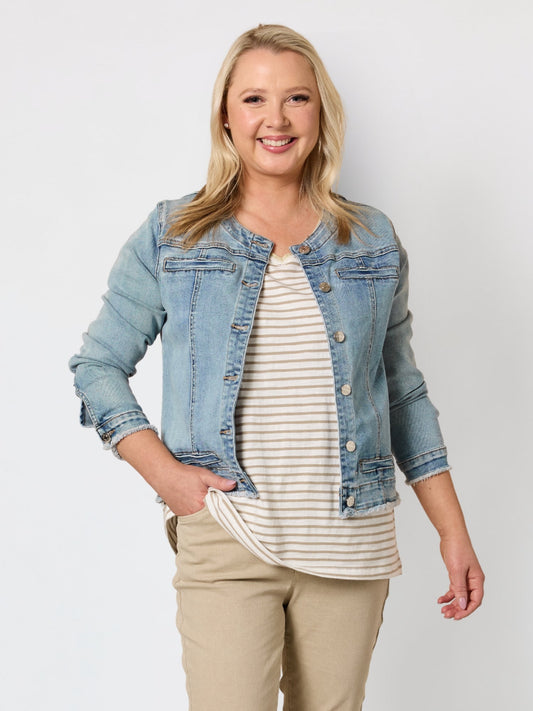 Image of Coats & Jackets. Product name - Collarless Frayed Hem Denim Jacket Denim in Denim colour by brand - Threadz
