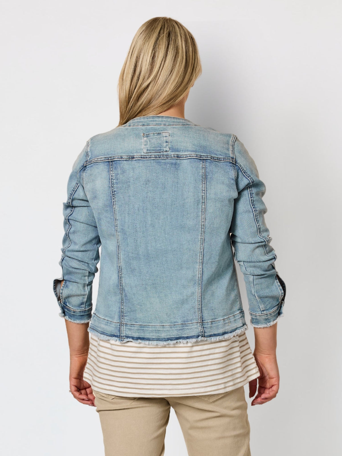 Threadz Collarless Frayed Hem Jacket (Denim)