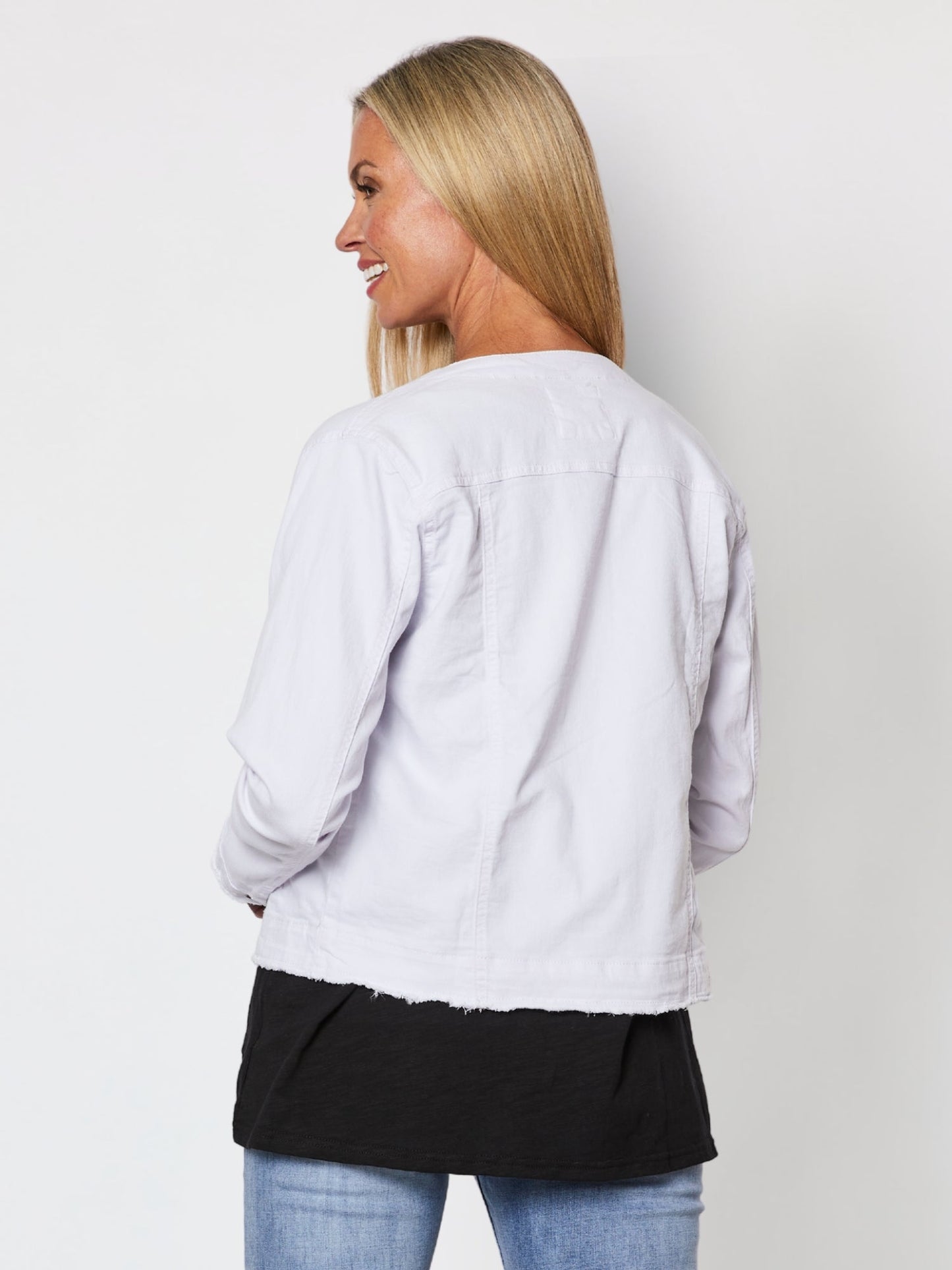 Threadz Collarless Frayed Hem Denim Jacket (White)