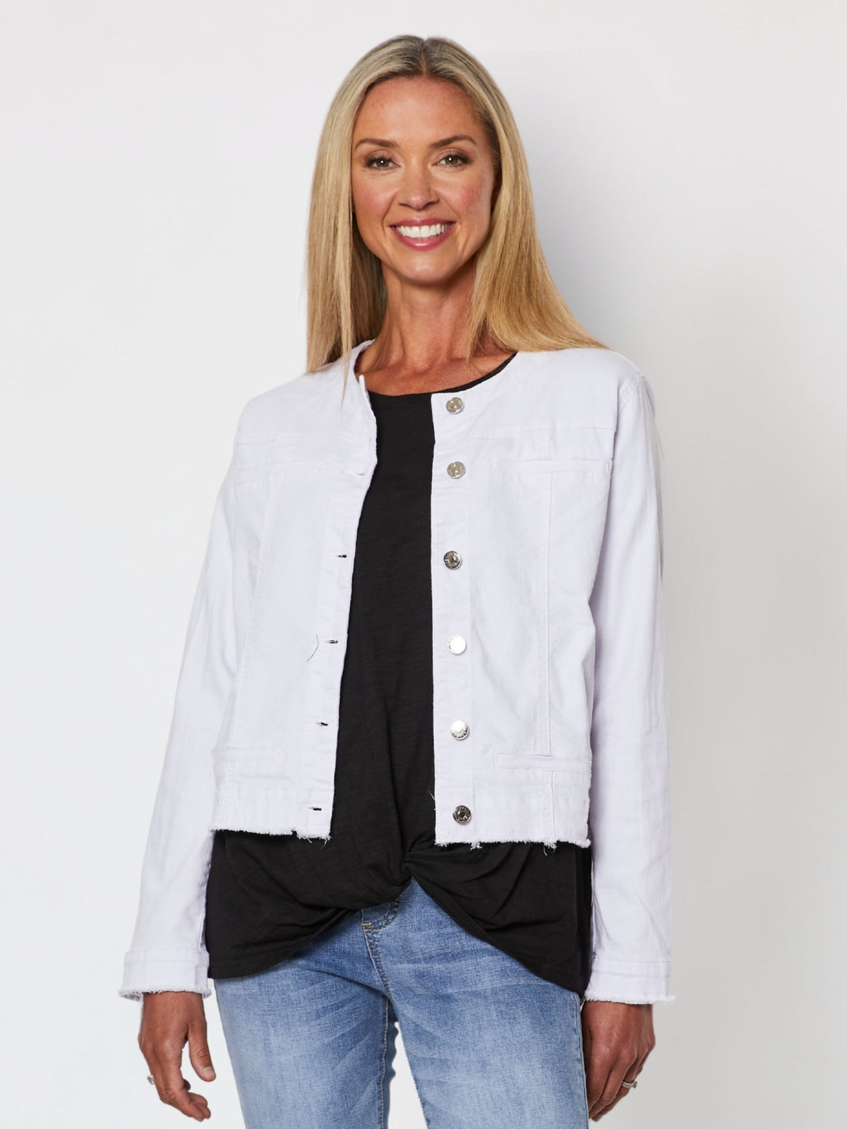 Image of Coats & Jackets. Product name - Collarless Frayed Hem Denim Jacket White in White colour by brand - Threadz