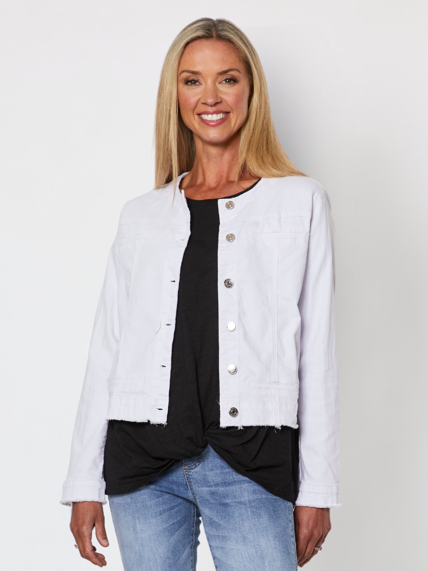 Image of Coats & Jackets. Product name - Collarless Frayed Hem Denim Jacket White in White colour by brand - Threadz