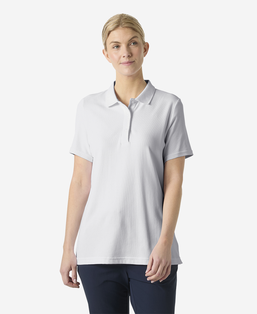Image of a model wearing Tops. Product name - W CREW TECH POLO, White in White colour by brand - Helly Hansen