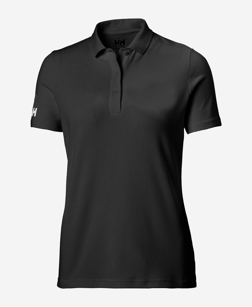 Image of a model wearing Tops. Product name - W CREW TECH POLO, Black in Black colour by brand - Helly Hansen