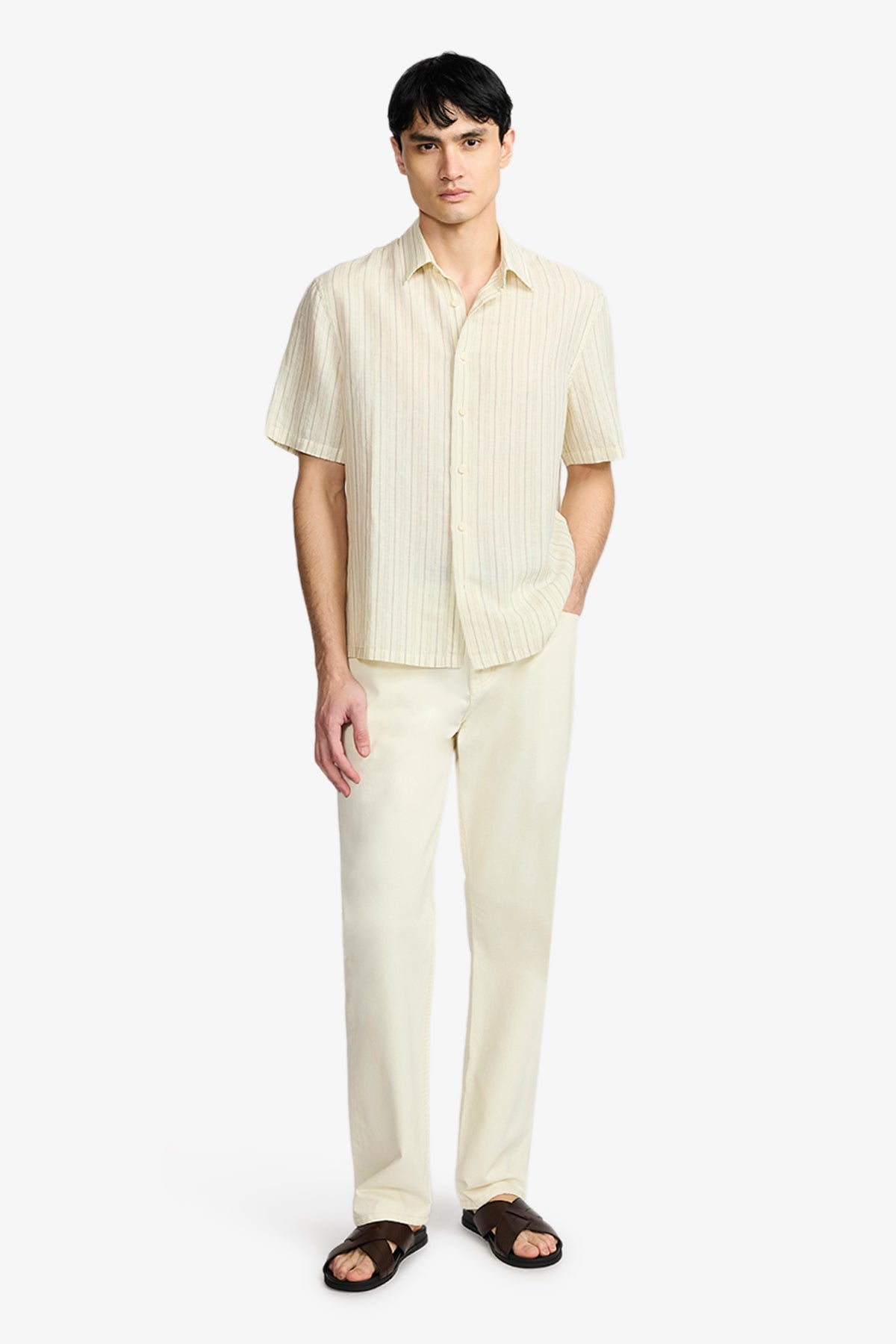 Image of Shirts. Product name - Ash Natural stripe Cotton/Linen S/S Shirt in Cream colour by brand - Anthony Squires