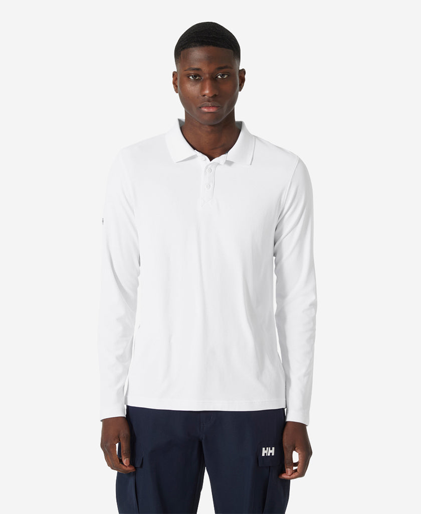 Image of a model wearing Tops. Product name - CREWLINE LS POLO, White in White colour by brand - Helly Hansen