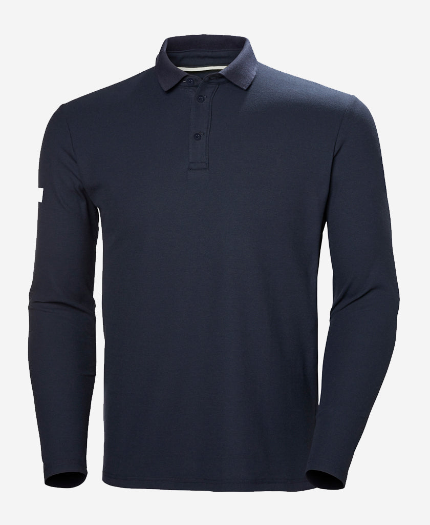 Image of a model wearing Tops. Product name - CREWLINE LS POLO, Navy in Navy colour by brand - Helly Hansen