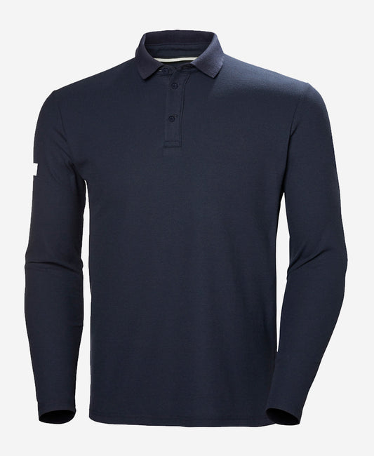 Image of a model wearing Tops. Product name - CREWLINE LS POLO, Navy in Navy colour by brand - Helly Hansen