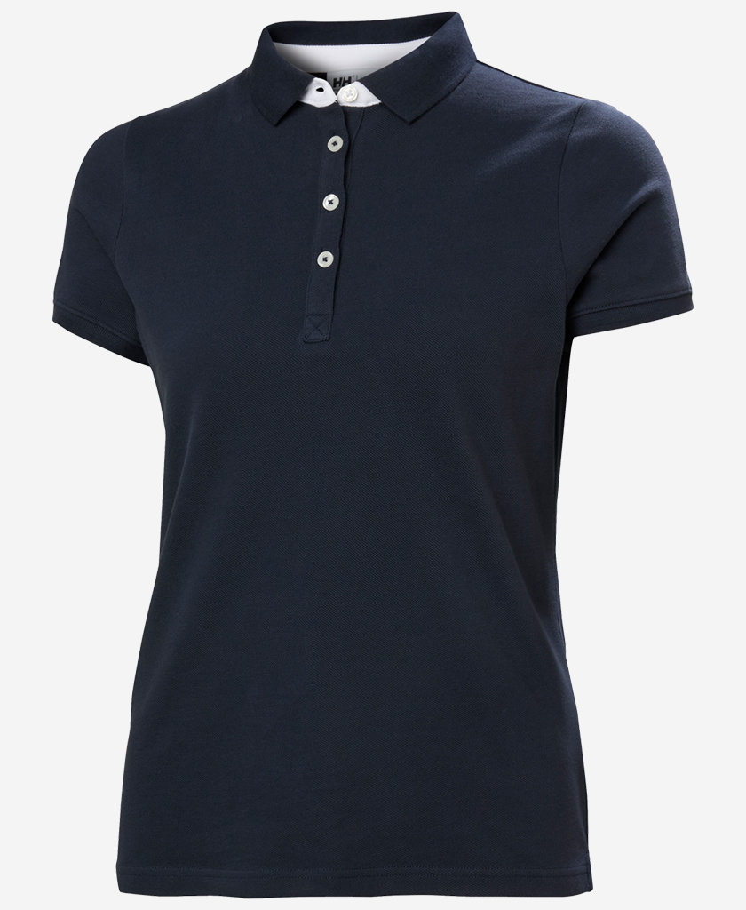 Image of a model wearing Tops. Product name - W CREW POLO PIQUE, Navy in Navy colour by brand - Helly Hansen