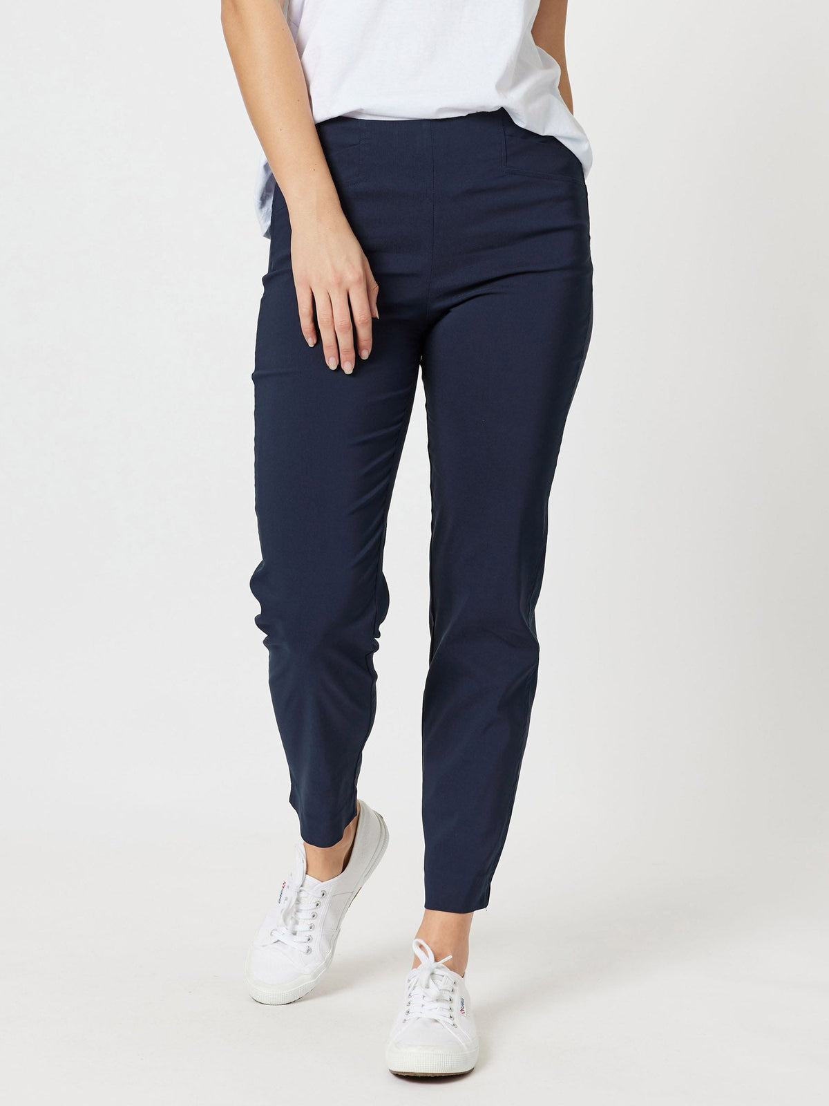 Image of a model wearing Pants. Product name - Chiara Full Length Bengaline Pant Navy in Navy colour by brand - Threadz