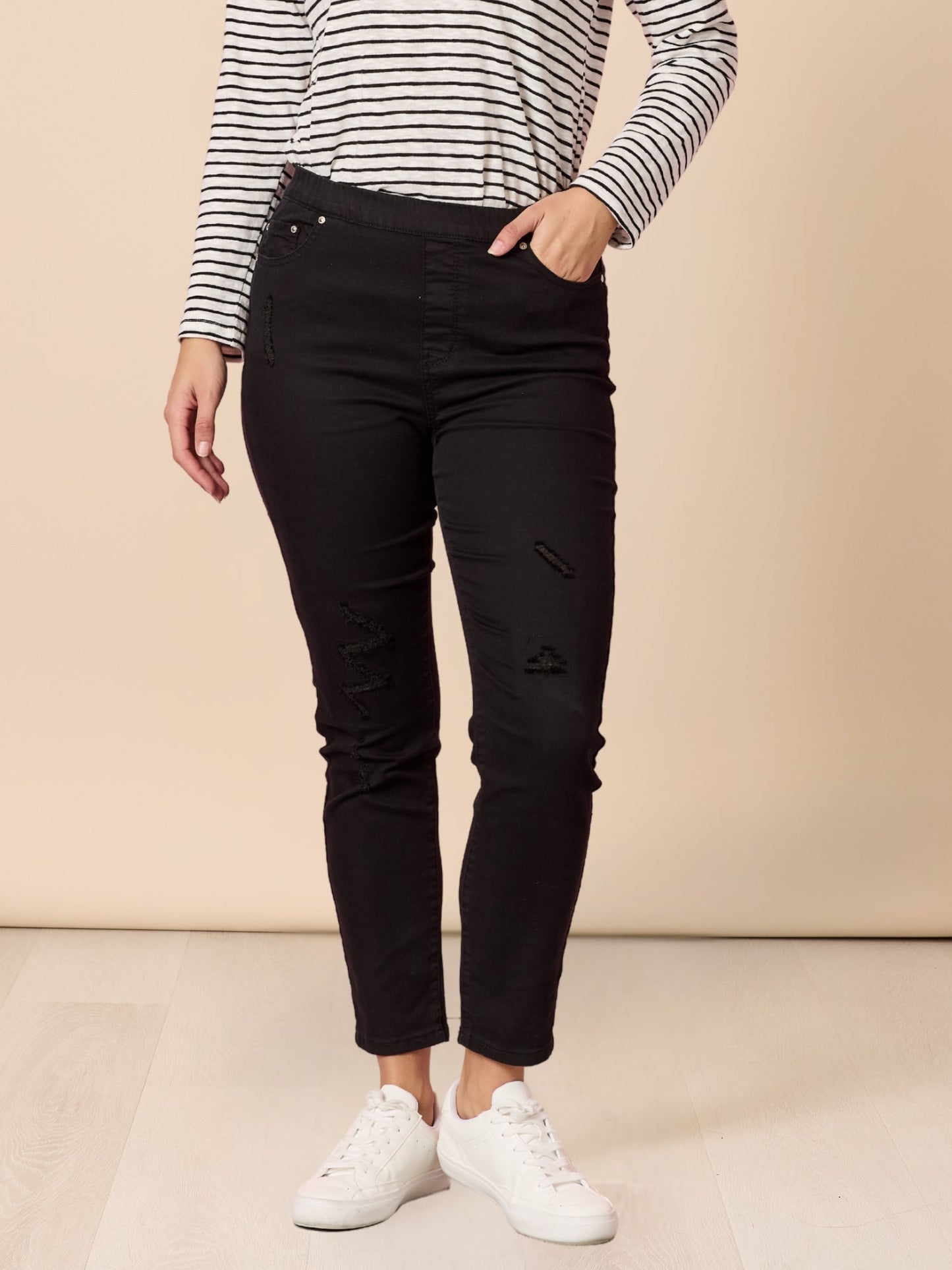 Image of Jeans. Product name - LA Stretch Pull On Jean Black in Black colour by brand - Threadz