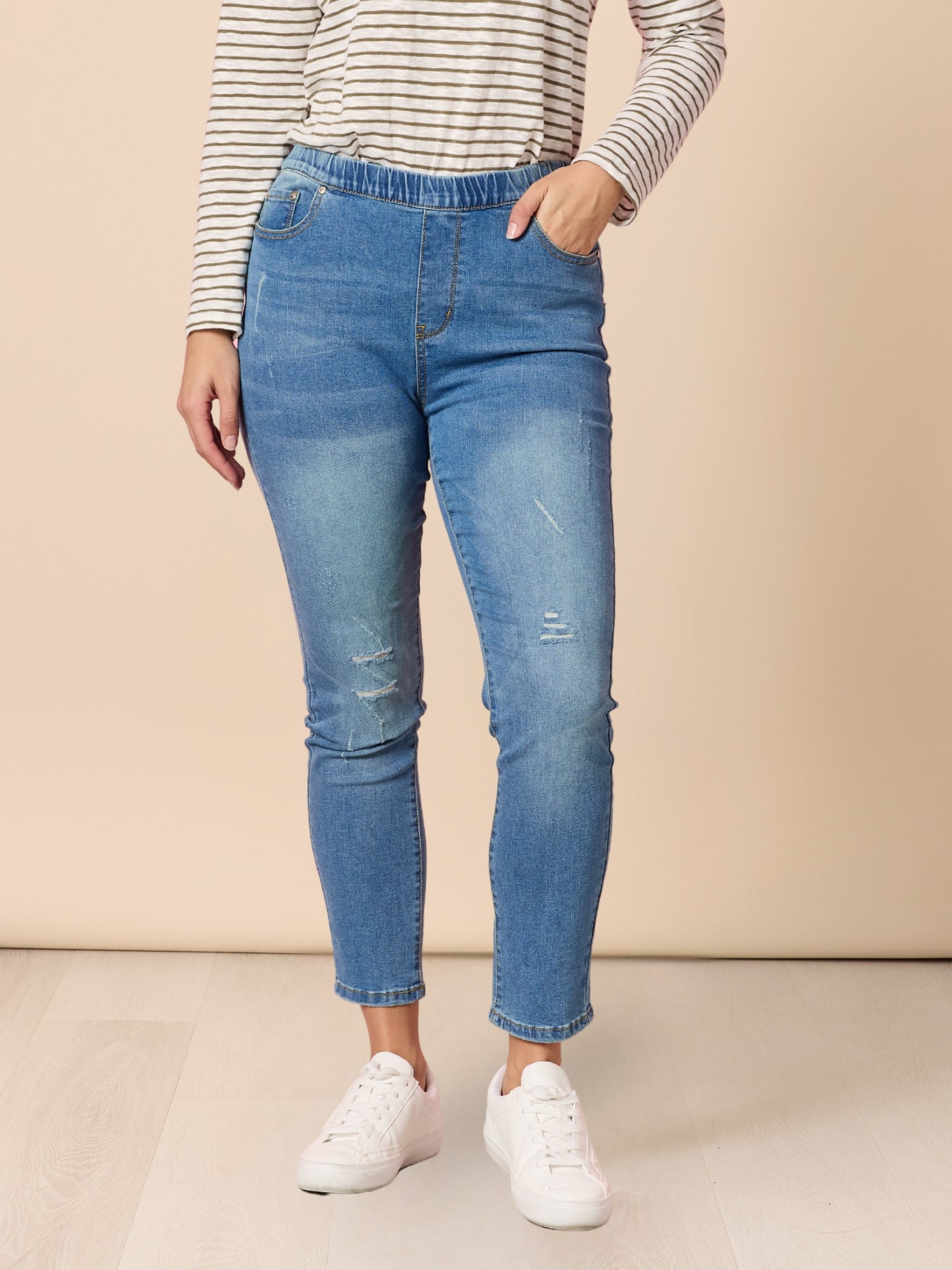 Image of Jeans. Product name - LA Stretch Pull On Jean Denim in Denim colour by brand - Threadz