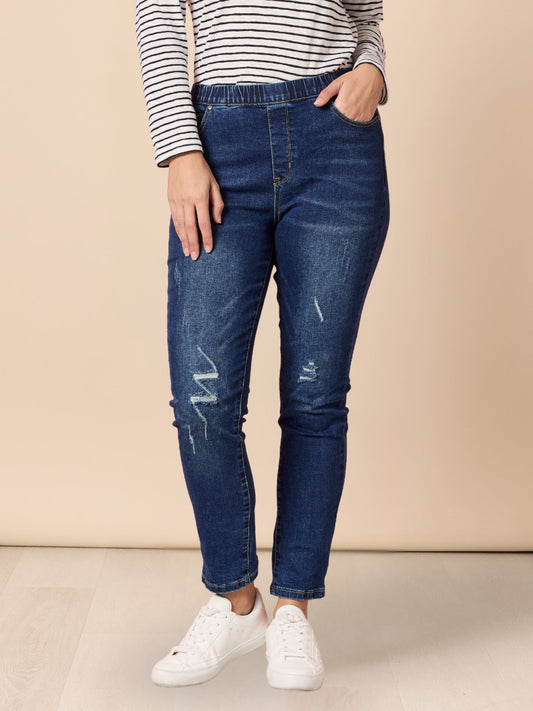 Image of Jeans. Product name - LA Stretch Pull On Jean Dark Denim in Dark Denim colour by brand - Threadz