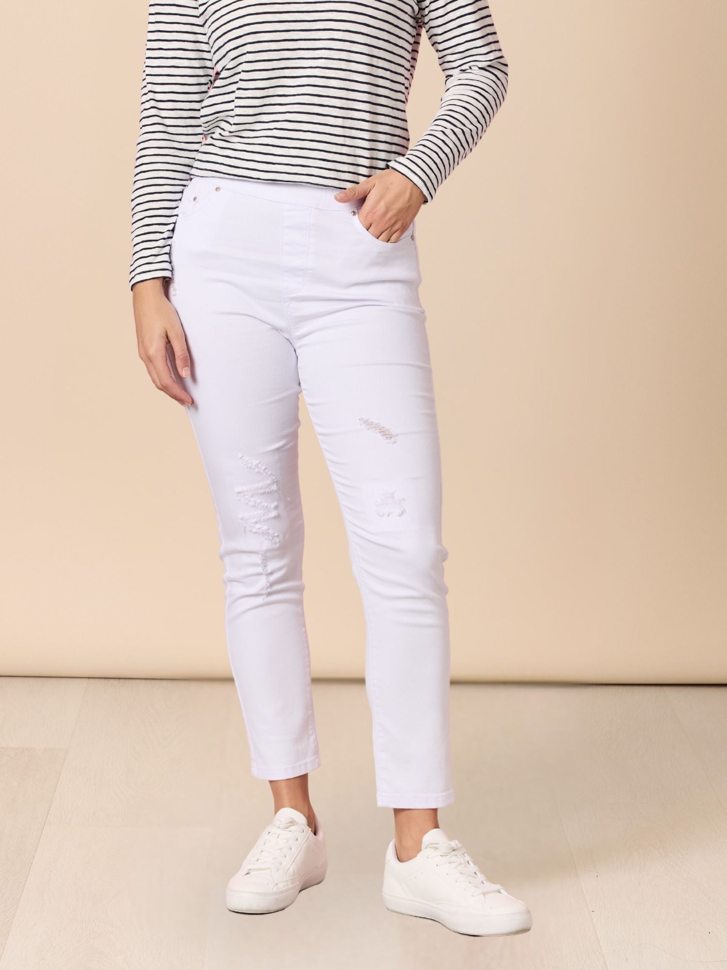 Image of Jeans. Product name - LA Stretch Pull On Jean White in White colour by brand - Threadz
