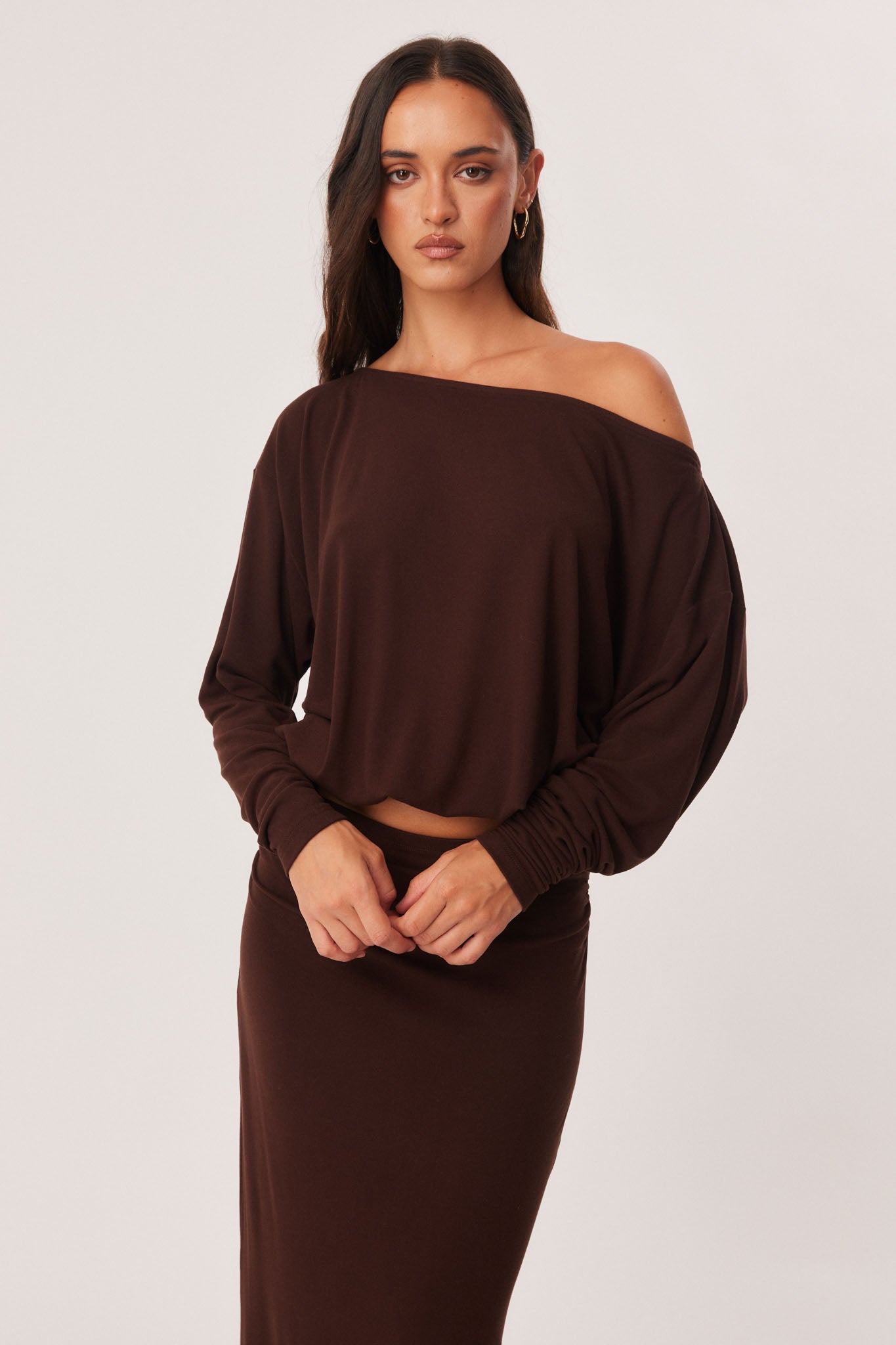 Image of a model wearing Tops. Productname: SNDYS ALIRA TOP in Chocolate colour by brand - SNDYS
