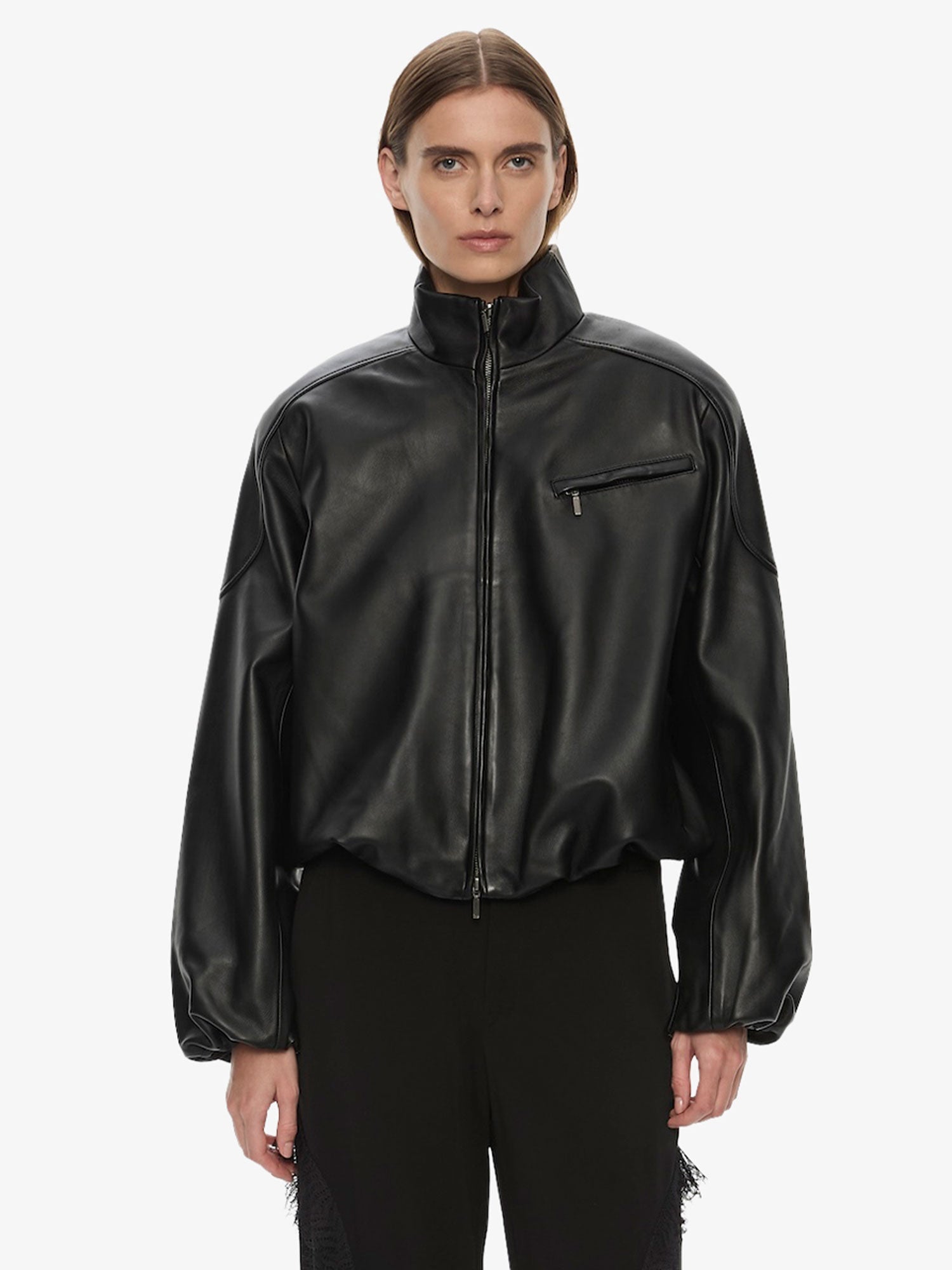 Image of a model wearing Outerwear. Product name - Dannie Leather Bomber in Black colour by brand - CHRISTOPHER ESBER