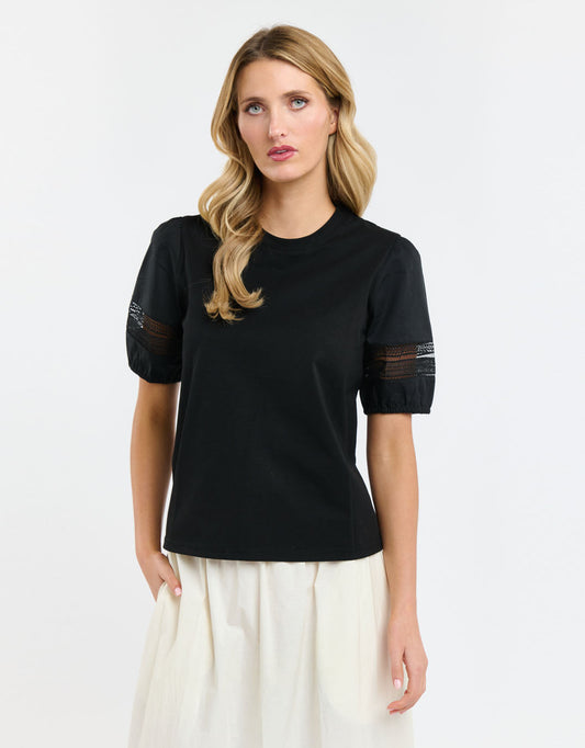 Image of a model wearing Tops. Productname: Alex Cotton Sleeve Tee - in Black colour by brand - 365 Days