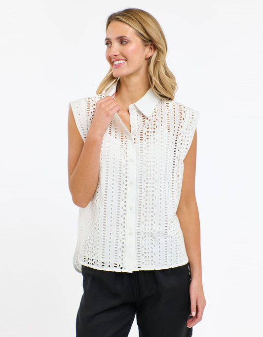 Image of a model wearing Tops. Productname: Casey Embroidered Top - in White colour by brand - 365 Days