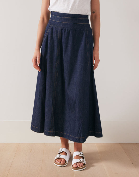 Image of a model wearing Skirts. Productname: Dakota Denim Midi Skirt - in Dark Denim colour by brand - 365 Days