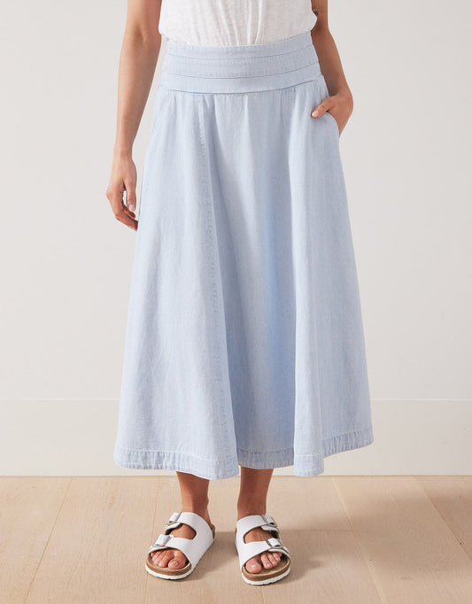 Image of a model wearing Skirts. Productname: Dakota Denim Midi Skirt - in Light Wash colour by brand - 365 Days