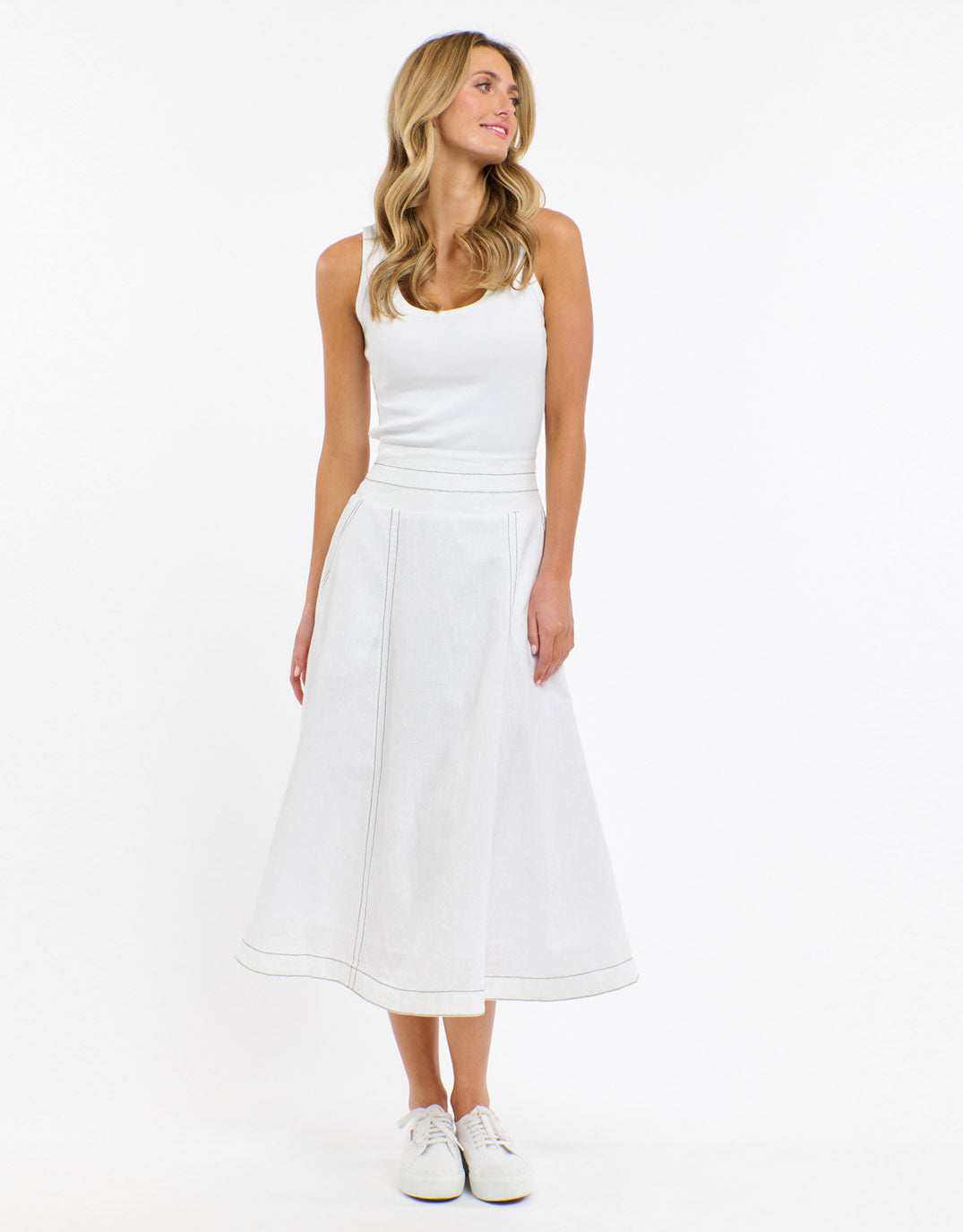 365 Days Dakota Linen Skirt White with Choc Stitch (White With Choco Stitch)