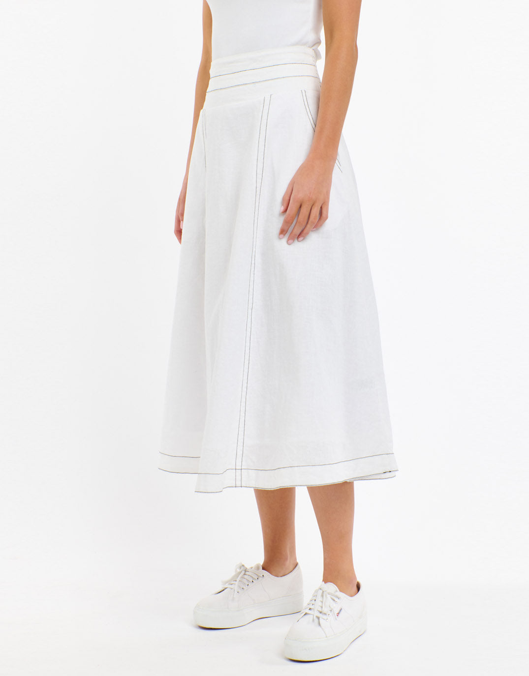 365 Days Dakota Linen Skirt White with Choc Stitch (White With Choco Stitch)
