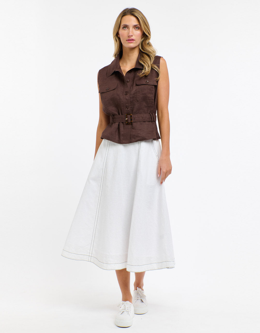 365 Days Dakota Linen Skirt White with Choc Stitch (White With Choco Stitch)