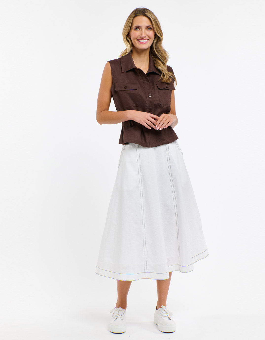 365 Days Dakota Linen Skirt White with Choc Stitch (White With Choco Stitch)