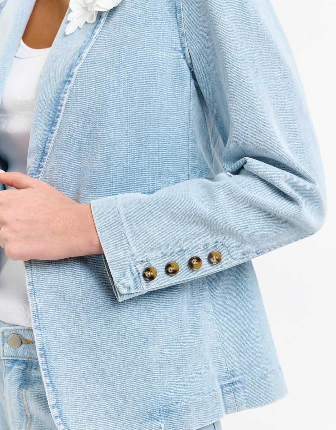 Denim Blazer with Brooch - (Light Wash Denim)