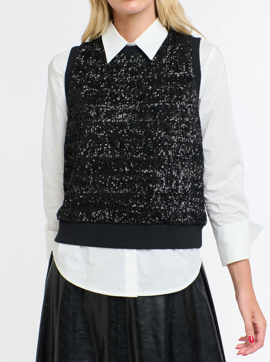 Image of a model wearing Tops. Productname: 365 DAYS SEQUINS TANK in Black colour by brand - 365 Days