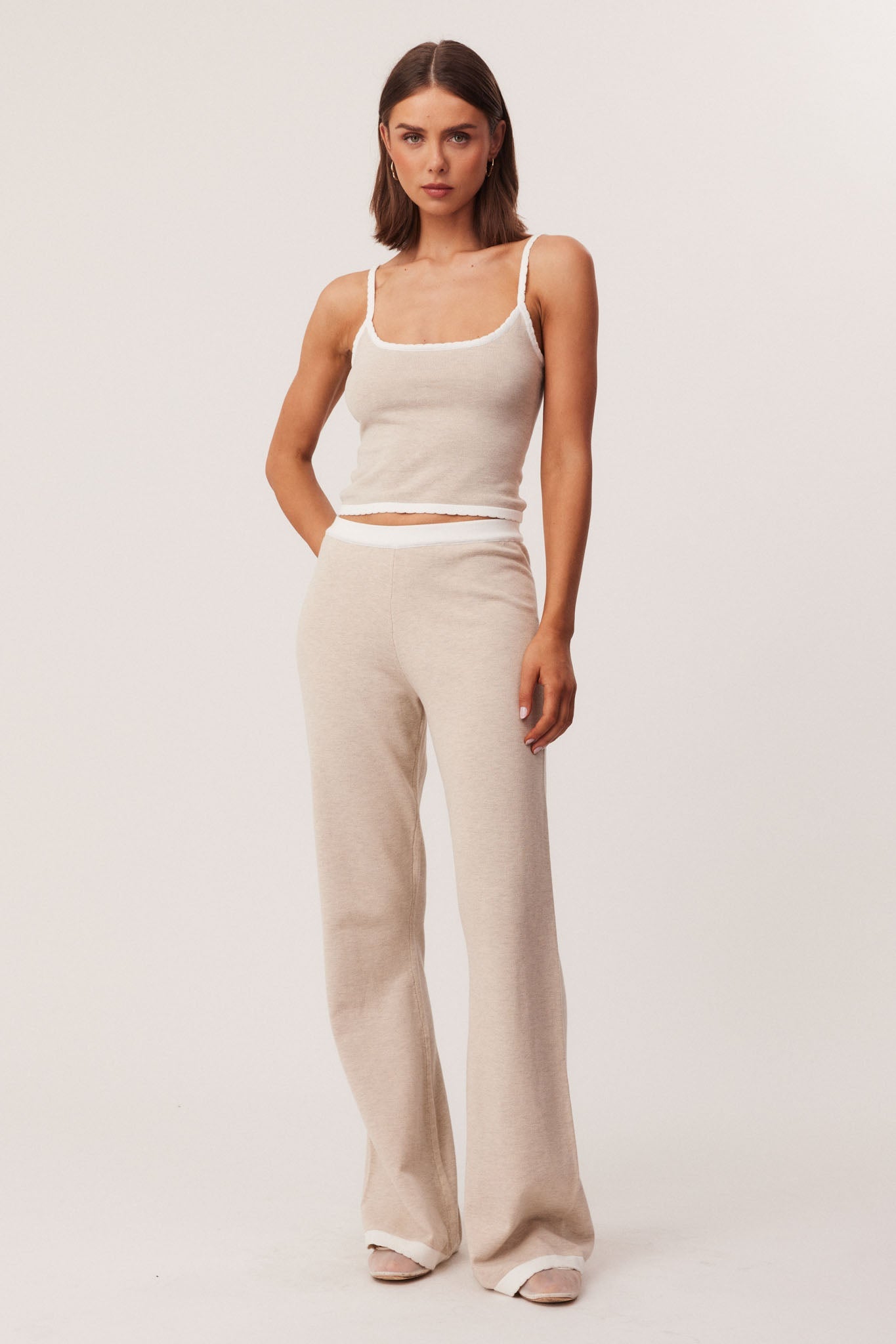 Image of a model wearing Pants. Productname: SNDYS WAVERLY PANTS in Beige Marl colour by brand - SNDYS