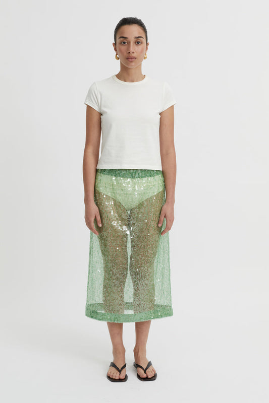 Image of a model wearing Skirts. Product name - Luma Skirt Green in Green colour by brand - Blanca Studio