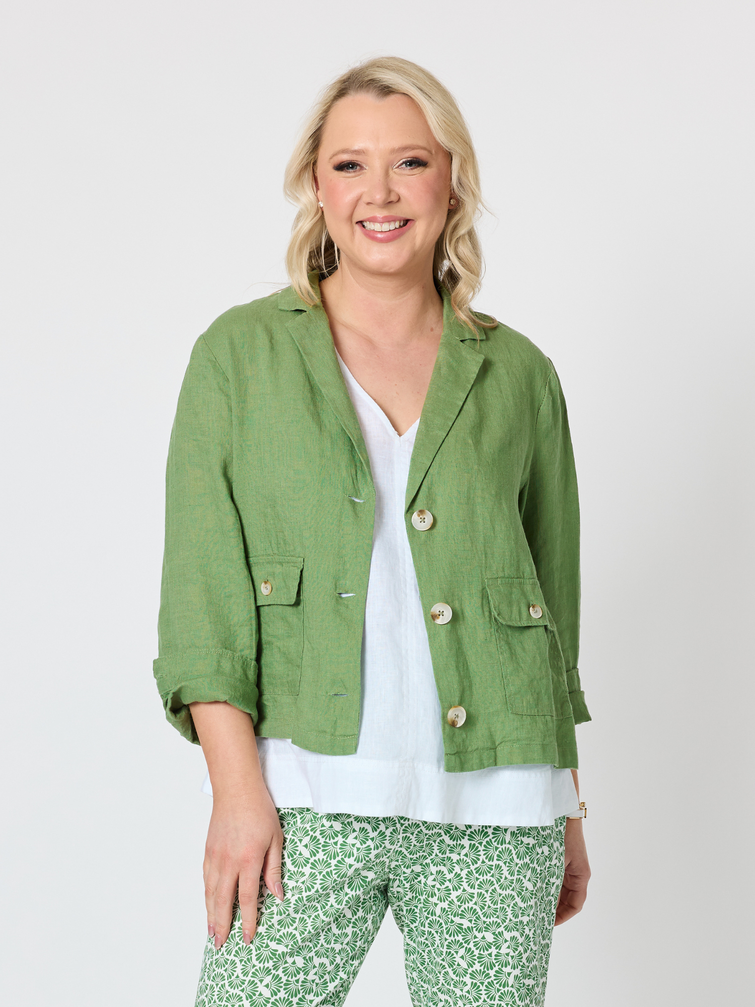 Image of Coats & Jackets. Product name - Danielle Cropped Linen Blazer Fern in Fern colour by brand - Gordon Smith