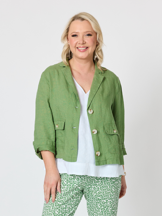 Image of Coats & Jackets. Product name - Danielle Cropped Linen Blazer Fern in Fern colour by brand - Gordon Smith