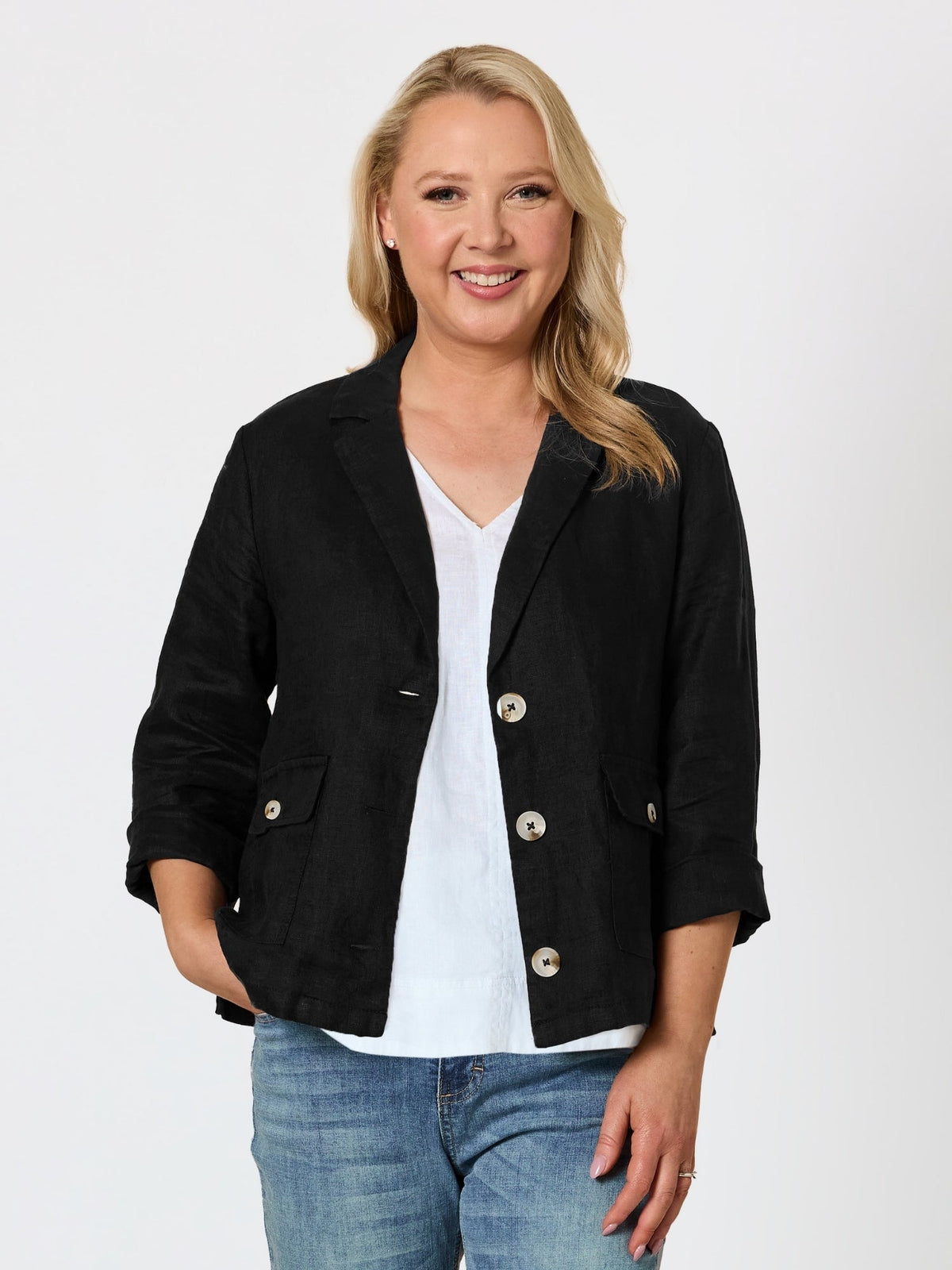 Image of Coats & Jackets. Product name - Danielle Cropped Linen Blazer Black in Black colour by brand - Gordon Smith