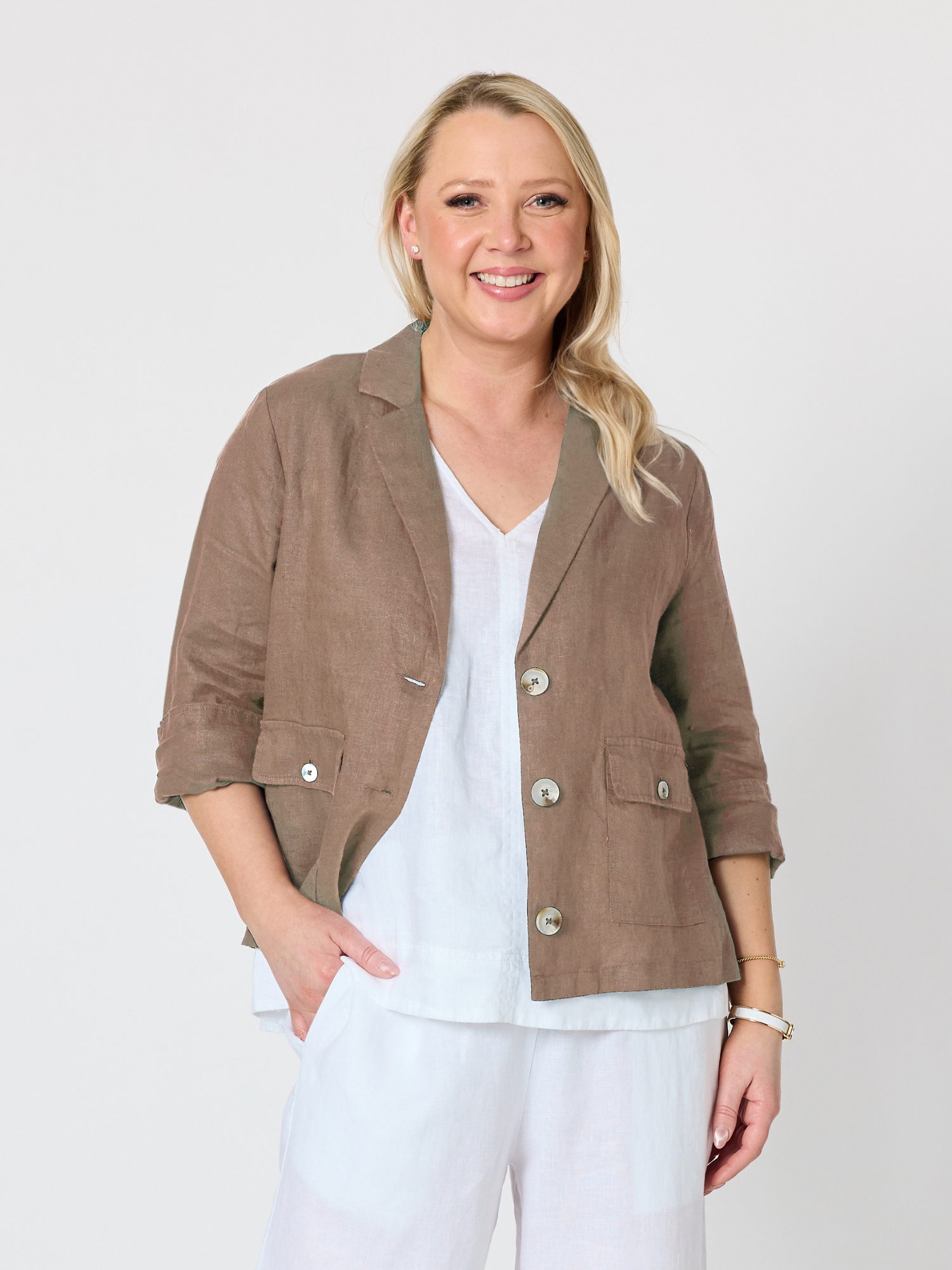 Image of Coats & Jackets. Product name - Danielle Cropped Linen Blazer Mocha in Mocha colour by brand - Gordon Smith