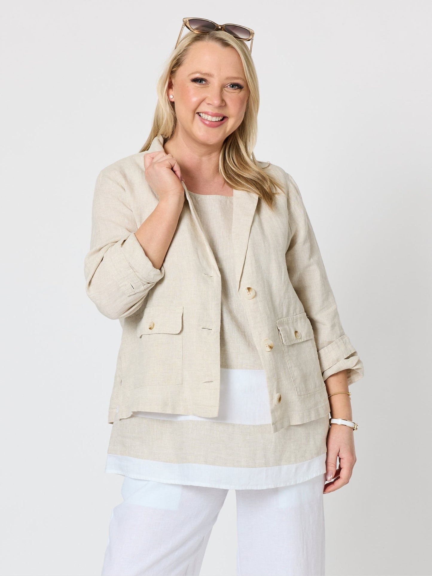 Image of Coats & Jackets. Product name - Danielle Cropped Linen Blazer Natural in Natural colour by brand - Gordon Smith
