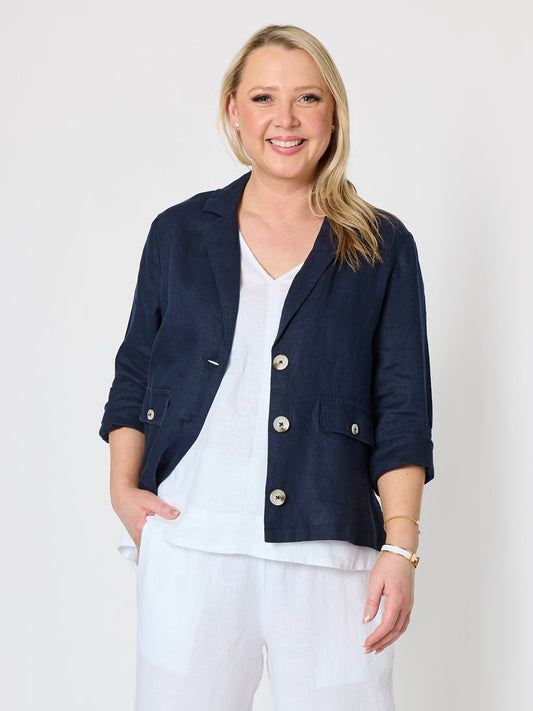 Image of Coats & Jackets. Product name - Danielle Cropped Linen Blazer Navy in Navy colour by brand - Gordon Smith