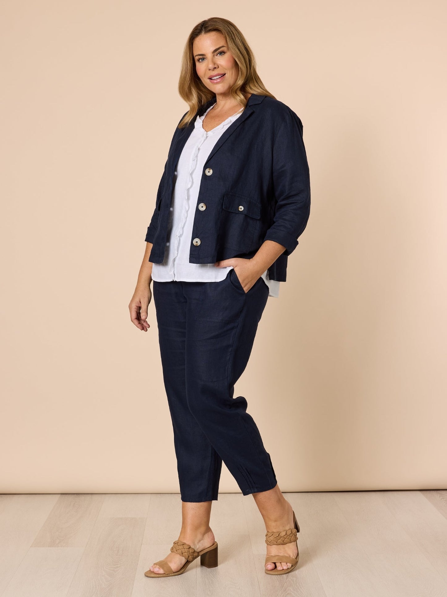 Gordon Smith Sarah Linen Pleat Hem Pant (Navy)