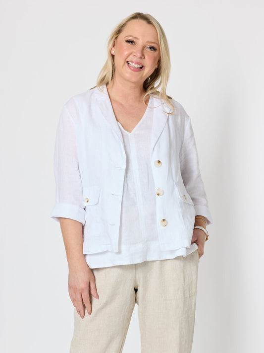 Image of Coats & Jackets. Product name - Danielle Cropped Linen Blazer White in White colour by brand - Gordon Smith