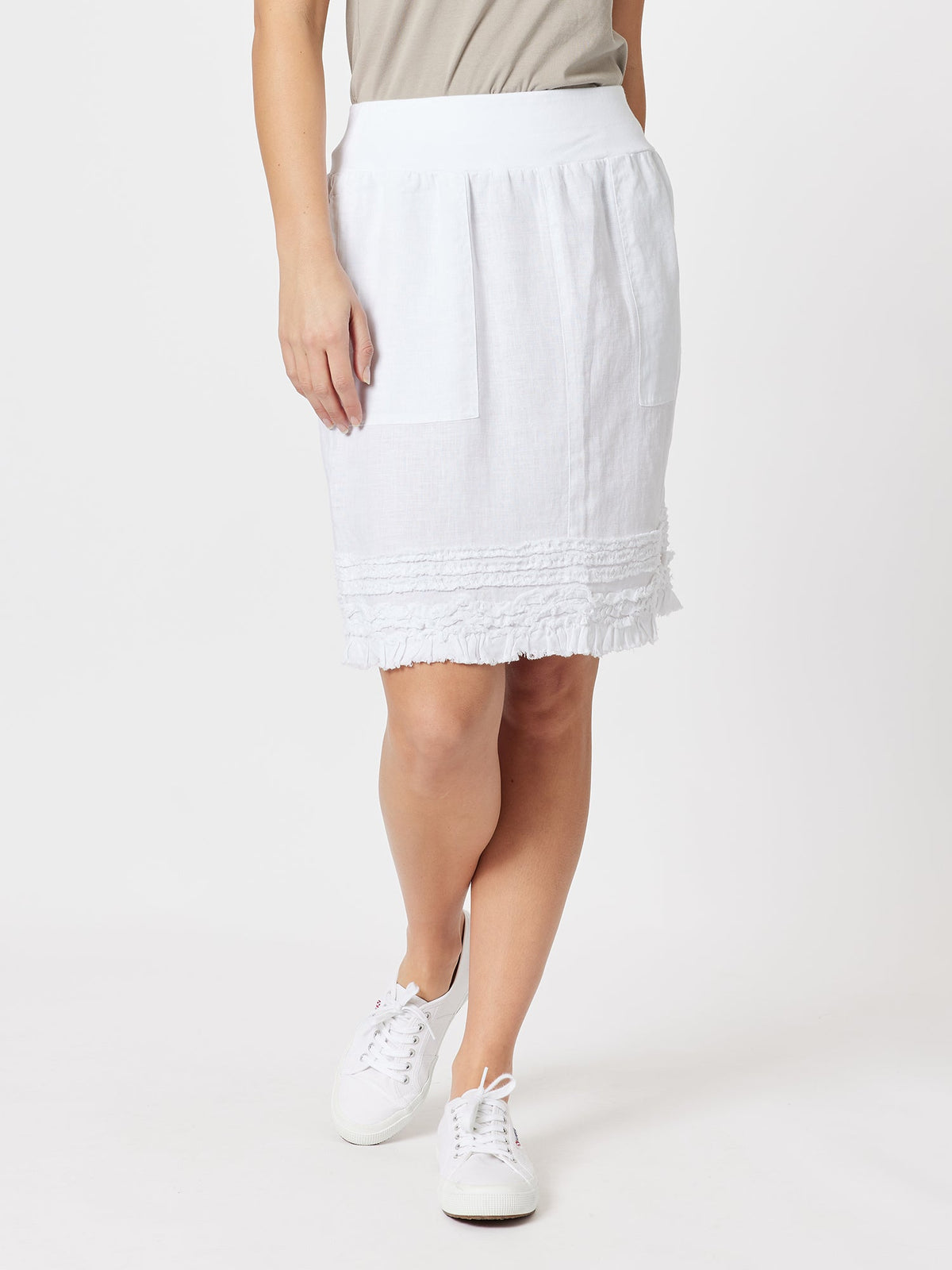 Image of a model wearing Skirts. Product name - Ruffle Hem Skirt White in White colour by brand - Gordon Smith